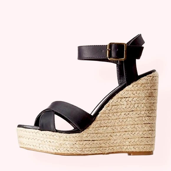 Chic Strappy Black Wedge Espadrilles Sandal Heels - Picture 7 of 7